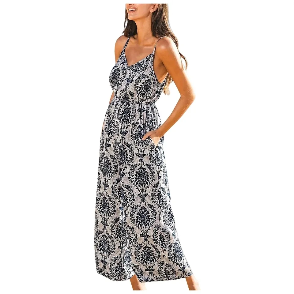 Bohemian Beach Wide Leg Jumpsuit Women's Summe Vacation Style Rompers Fashion Holiday Sleeveless V Neck Overalls With Pockets