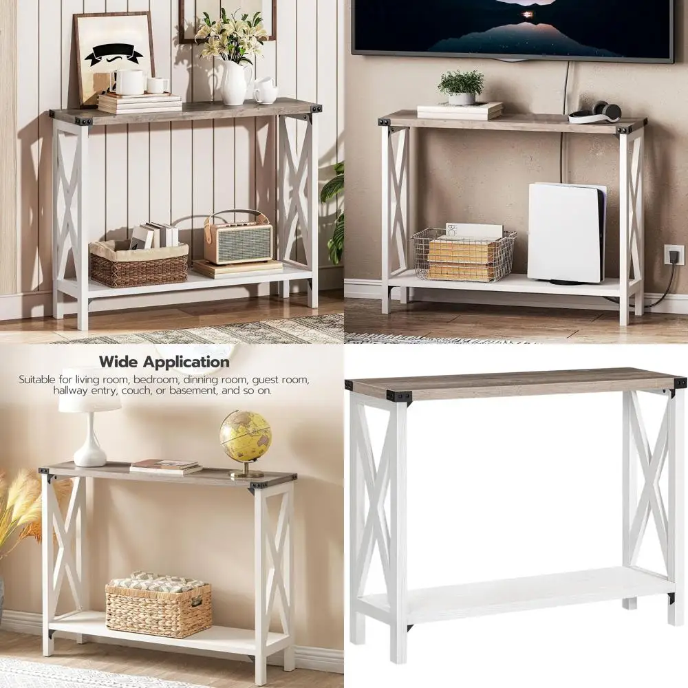 

Narrow Console Table with 2 Shelves for Entryway, Hallway, Living Room in White and Greige