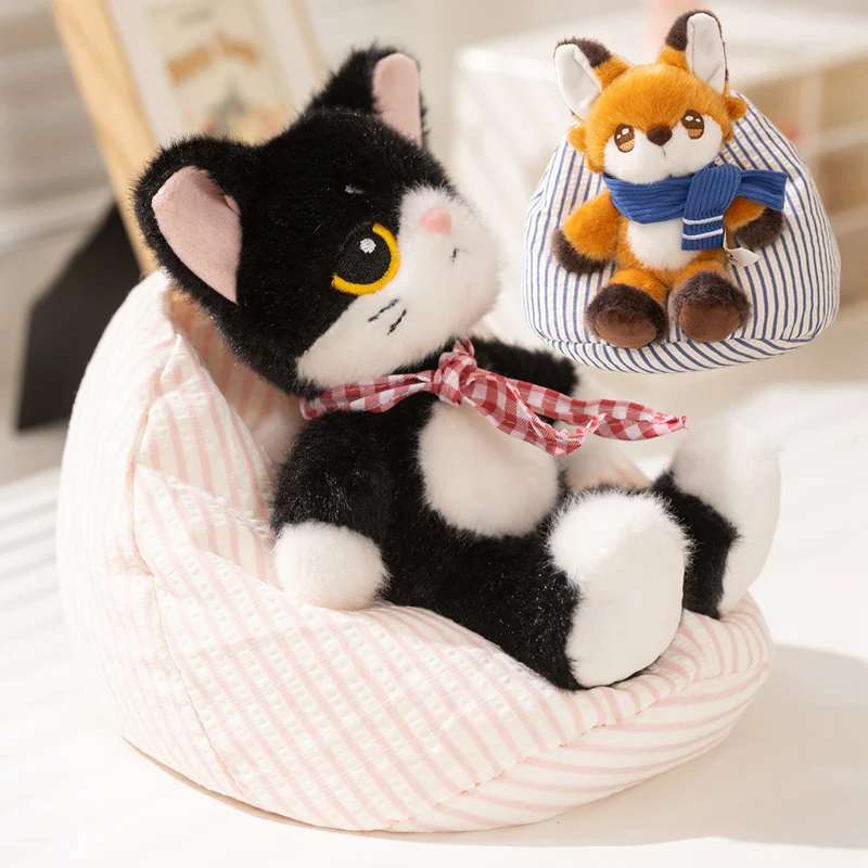 20cm Creative 2-in-1 Plushies Cozy Animal Lying in Bean Bag Stuffed Toy Kawaii Cat Dog with Mini Rug Soft Toys Kawaii Home Decor
