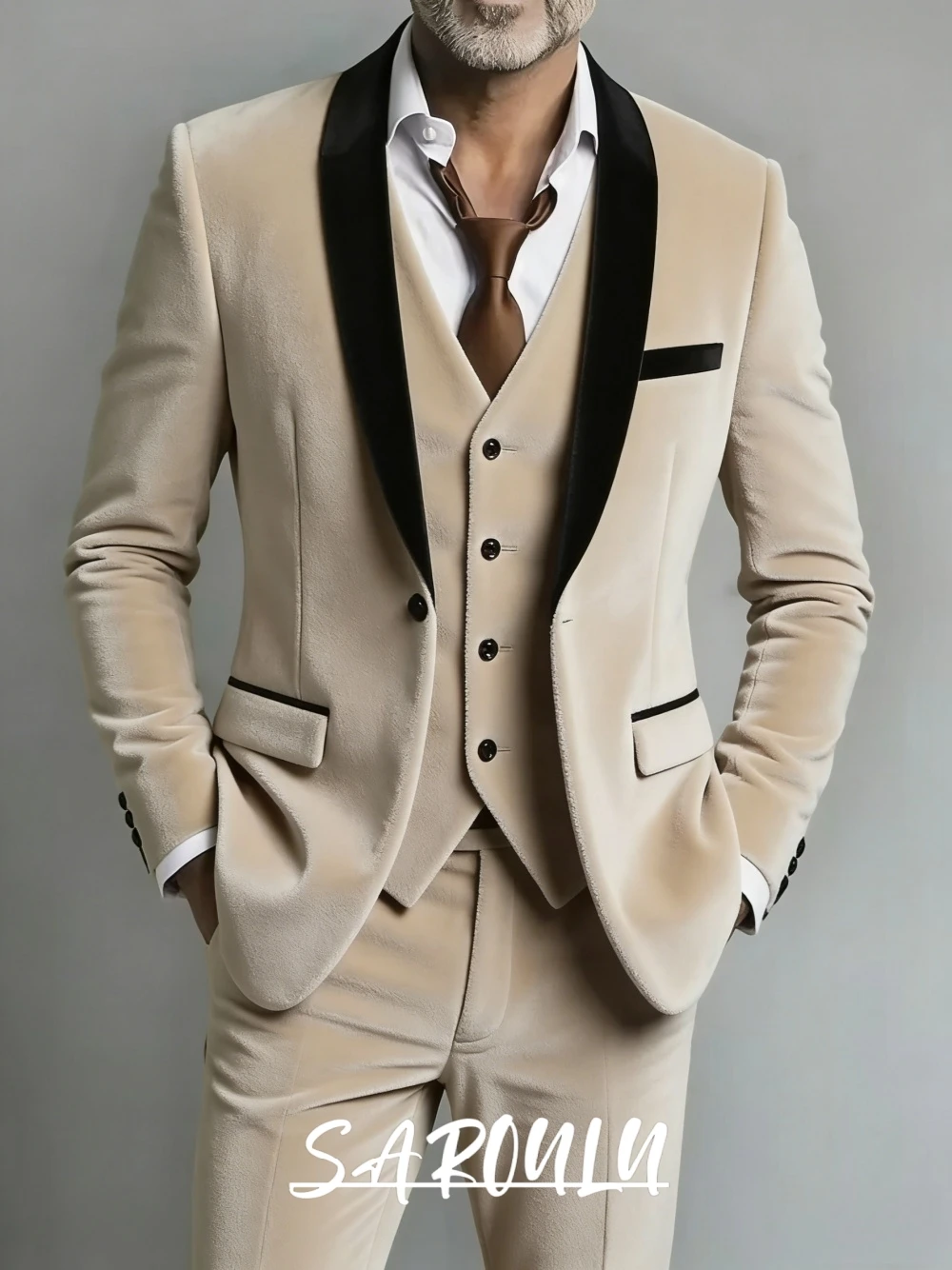 

Vintage Elegant Beige Velvet Men's 3-Piece Suit Contrast Lapel Slim Fit Tuxedo Blazer Vest Pants Set For Dinner Gala Events