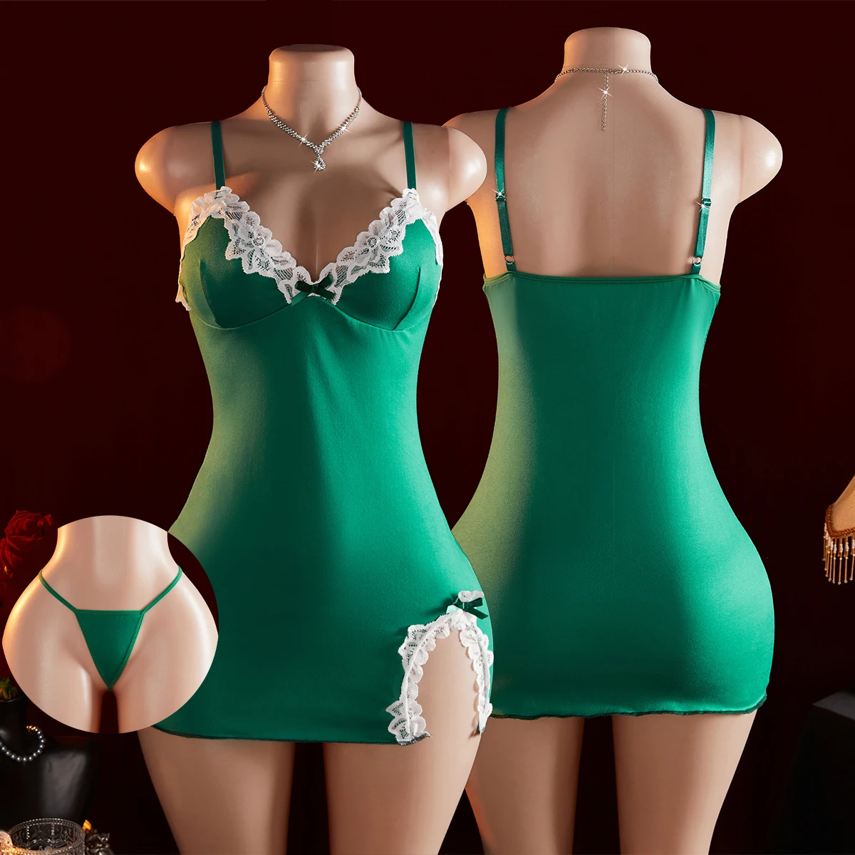 

G-string Women Lace Nightgown Contrast Green Seductive Sexy Lingerie V-neck Exotic Costumes Pajama Sets Summer Date Night Dress
