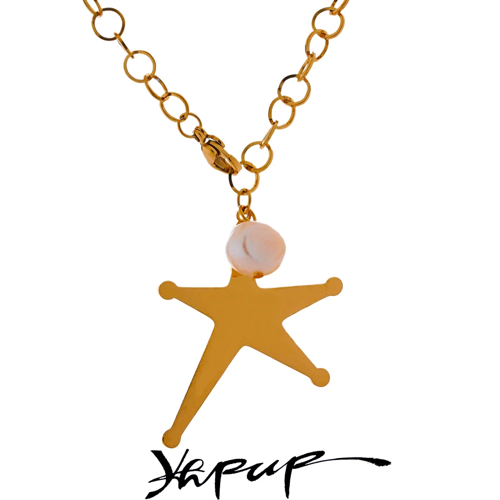 Yhpup Stainless Steel Star Natural Pearl Fashion Necklace Pendant Gold Color 18K PVD Plated Attractive Daily Neck Jewelry Gift