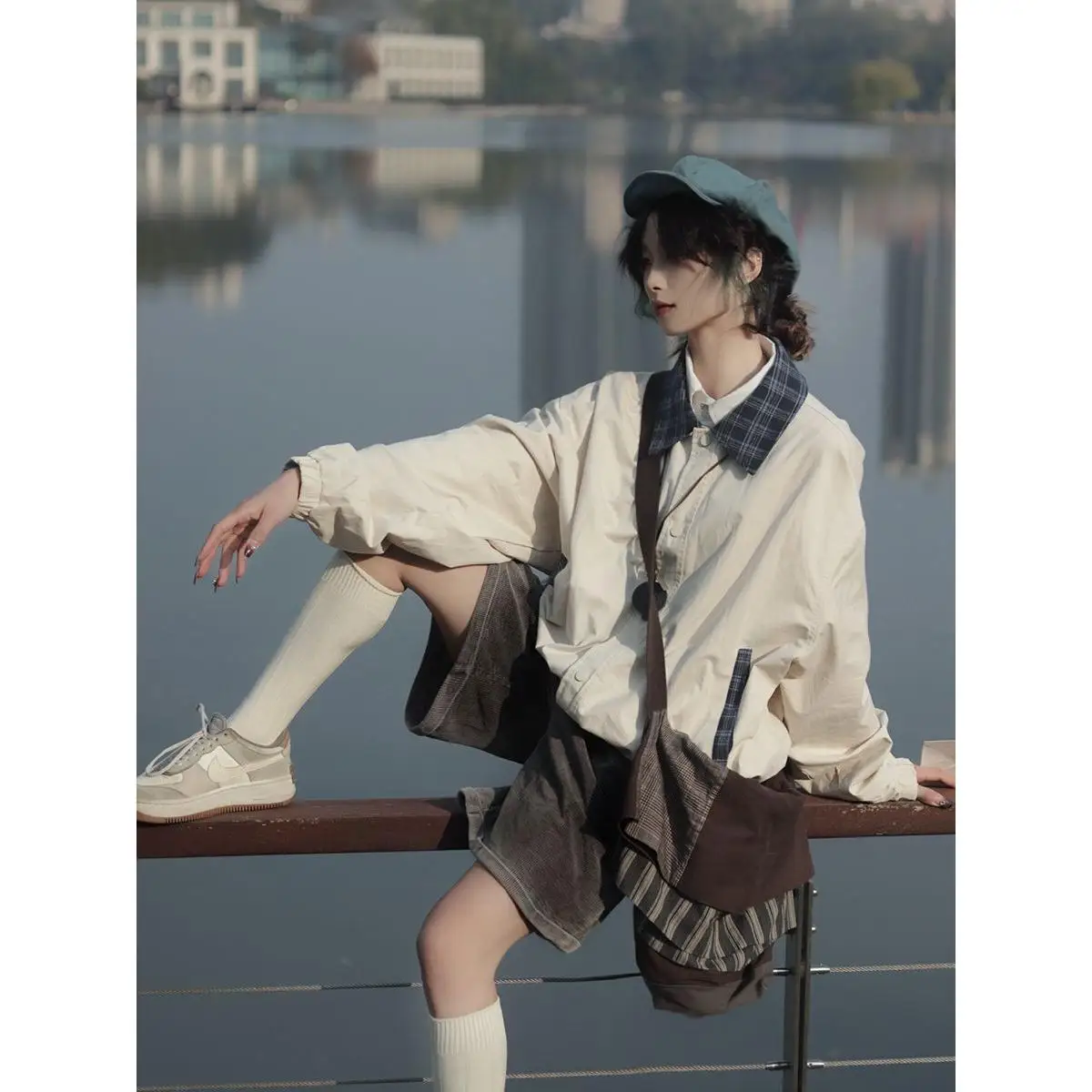 

Retro Contrast Color Plaid Jaet Men's Loose Casual Autumn Winter Zipper irt Trendy Youth Sle Easy Care Fabric