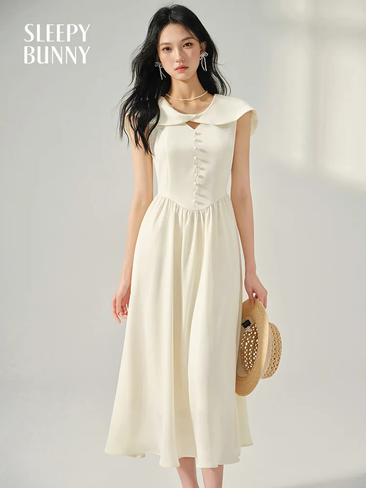 

Elegant Summer A-Line Midi Dress for Women French Style Sleeveless Sundress Shawl Detail Slim Fit Waist Flowy Skirt Petite Girls