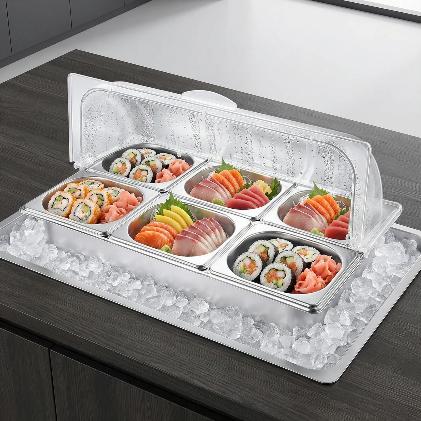 

6 Pan Buffet Condiment Dispenser Stainless Steel Ice Cooled Food Display Rack Pans with Clear Roll Top Cover for Kitchen Party