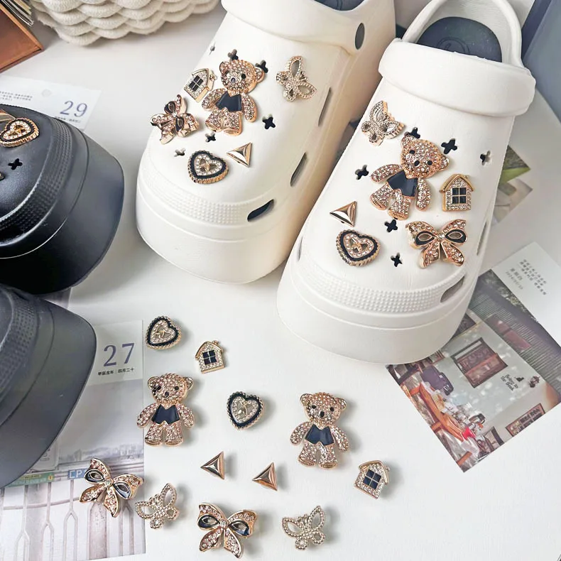 Clogs & Mules Shoes Charms Shoe Flower 3d Bear Decorative Accessories Metal Series Point Drill Removable Shoe Buckle 12 Pcs Set
