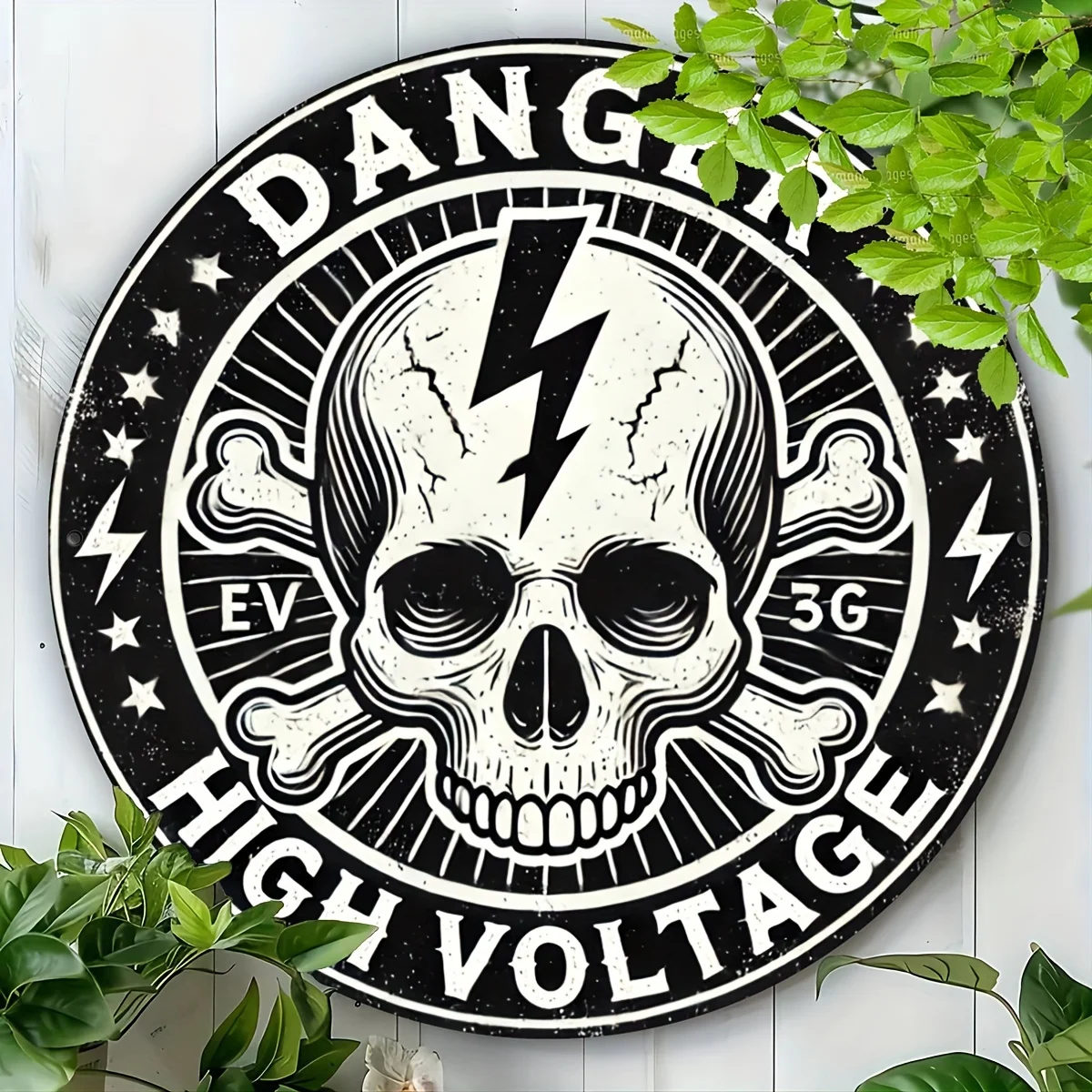 2D Flat, 1pc Vintage High Voltage Danger Metal  Skull & Lightning Bolt Wall Decor with Pre-Drilled Holes