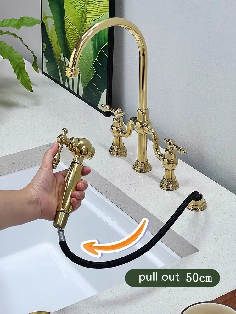  Pull Out Gold Kitchen Faucet Classical Deck Mounted Three Holes Black Hot Cold Top High Quality Sink Tap Rotation Spout