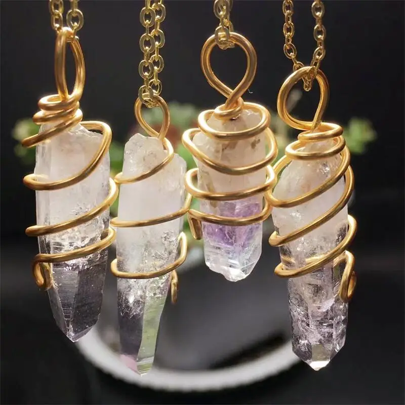 Natural Cuz Quartz Copper Wire Wrapped Pendant DIY Necklace Quartz Crystal Mineral Healing Reiki Gift Gemstone Crafts