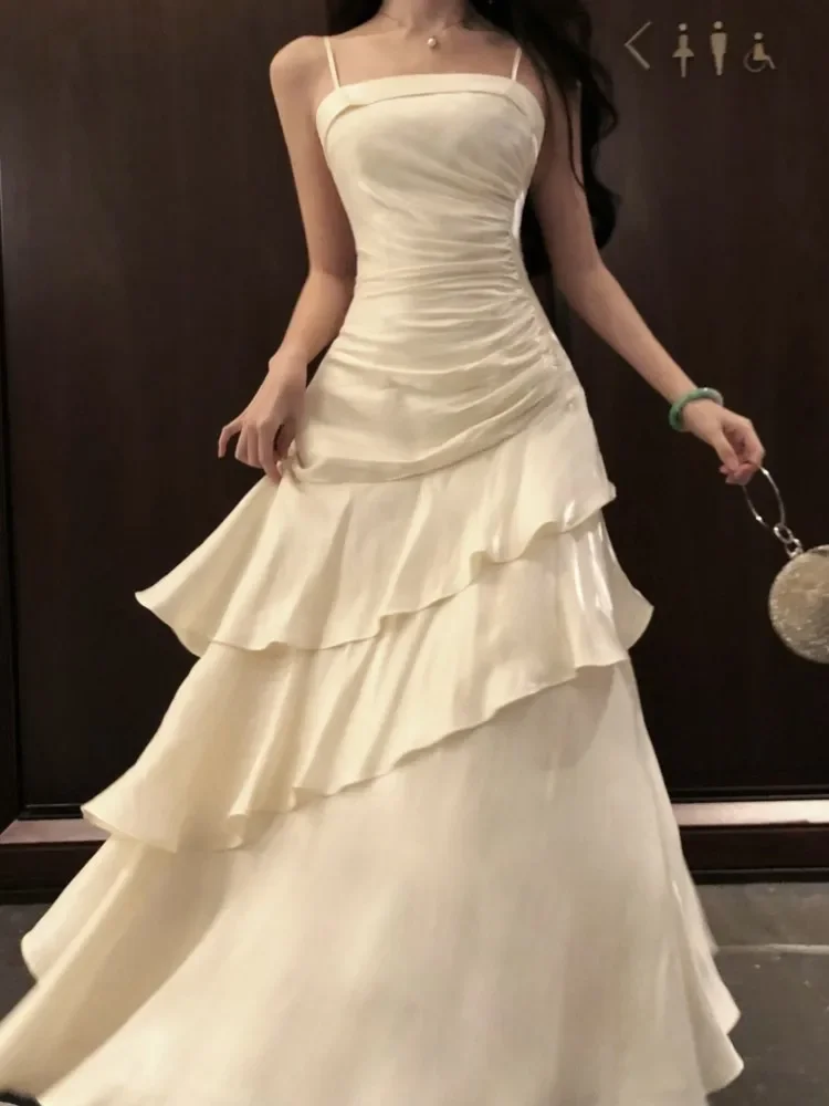 Elegante babados estilingue vestidos de sereia feminino vestido de baile sólido zíper em camadas vestido de ombro 2025 verão chique novos vestidos