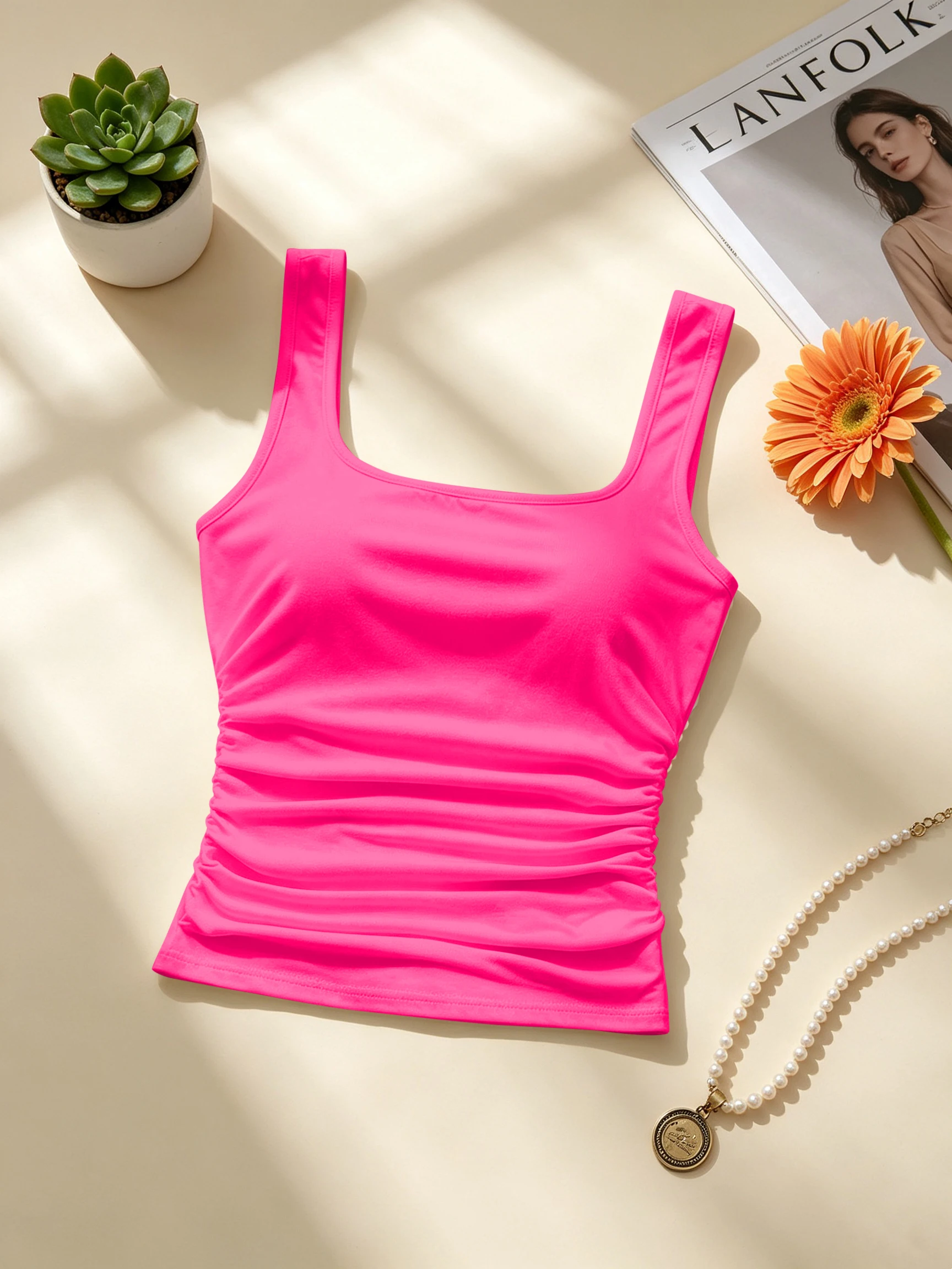 Women Square Neck Wide Strap Side Ruched Tank Top High Stretch Soft Skin‑Friendly Breathable Fabric Slim Fit Crop Top Y2K Daily