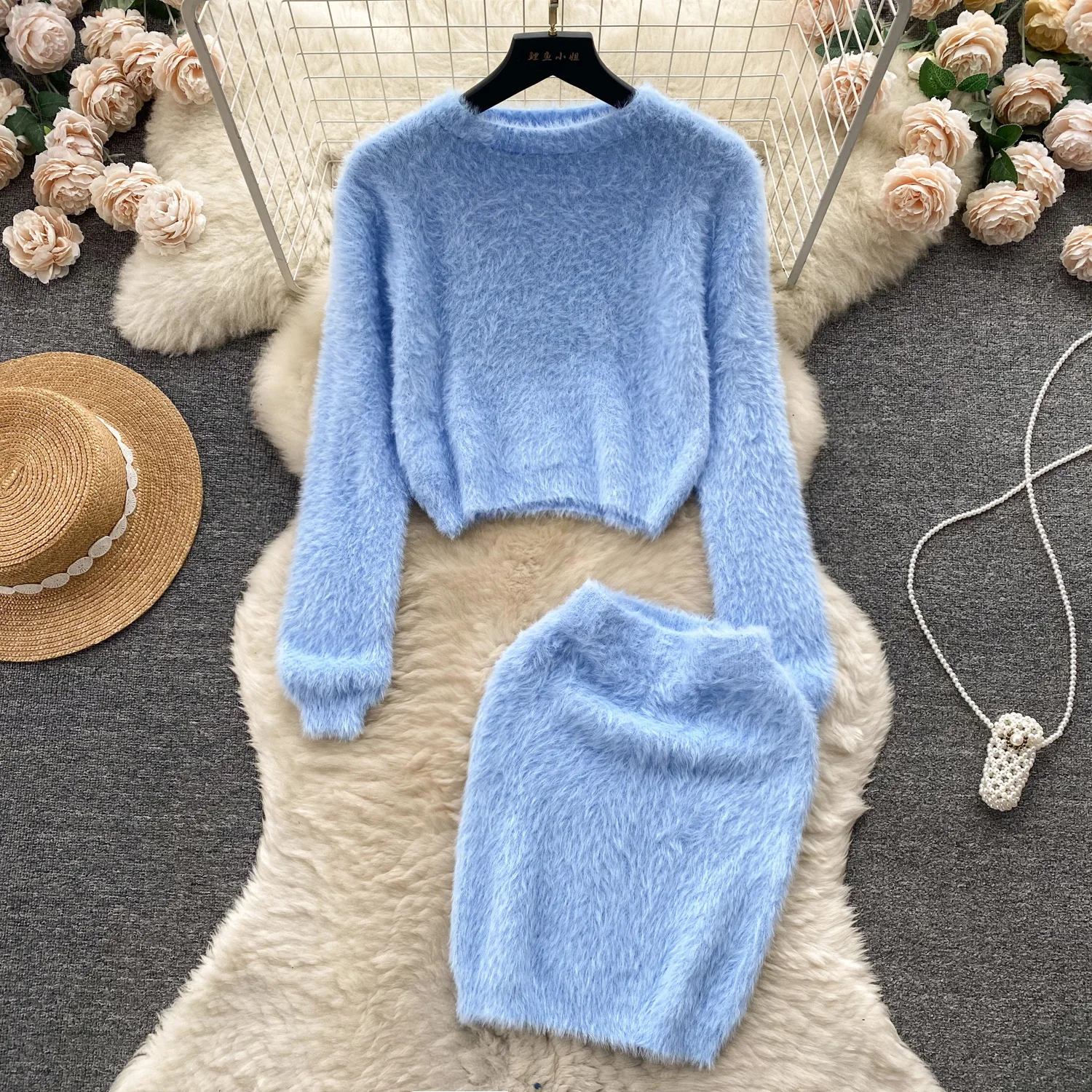 2024 Women Winter Spring Chic Knitted Shirt + Bodycon Skirt Suits Fashion Long Sleeve Cropped Tops Crepe Y2k 2PCS Set Outfits