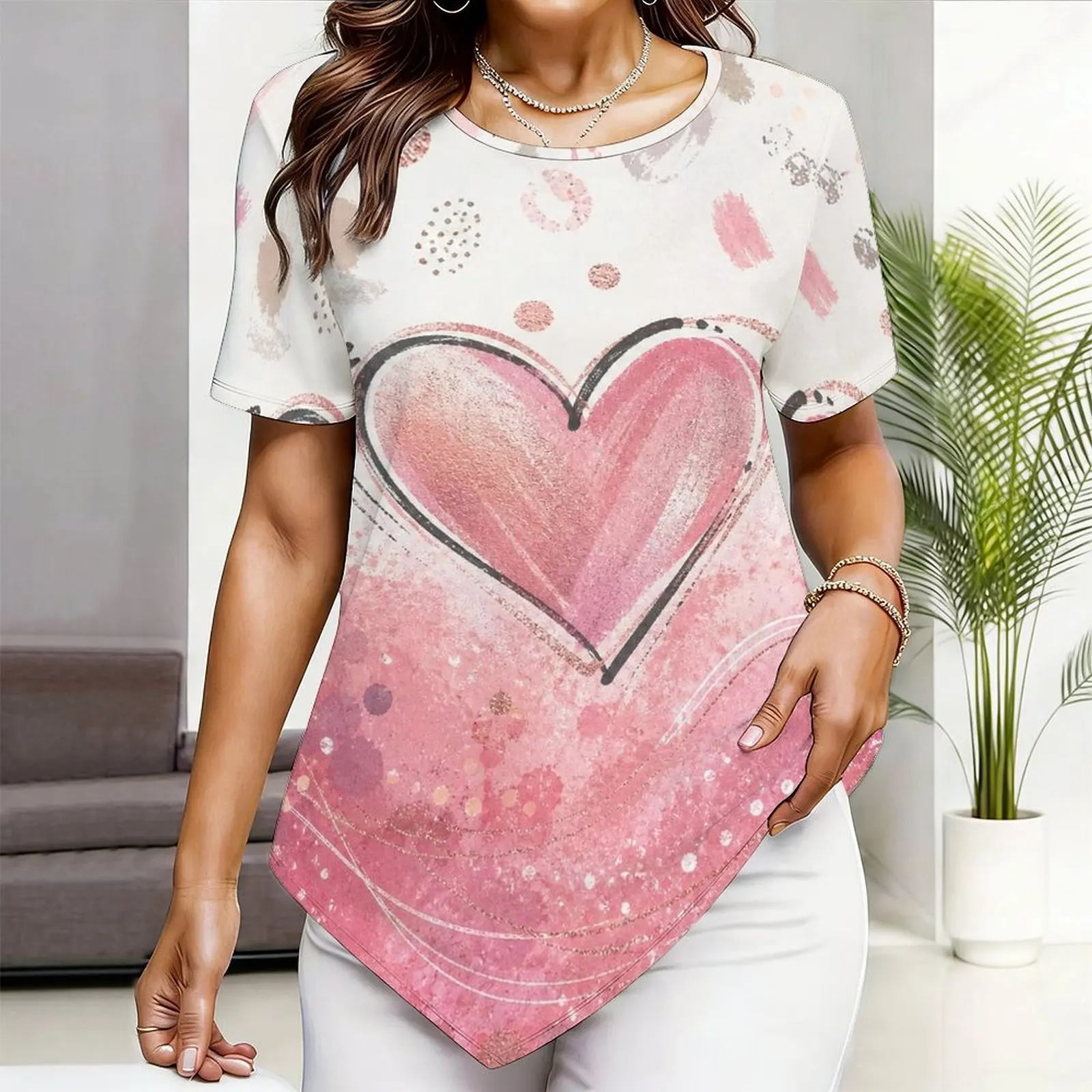 Women Round Neck Short Sleeve Pointed Hem Printed Top