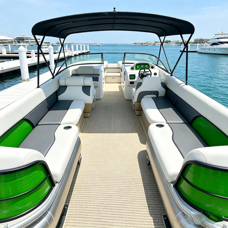 Leisure Pontoon Boat With Premium White And Grey Seats And LED Lighting Customizable