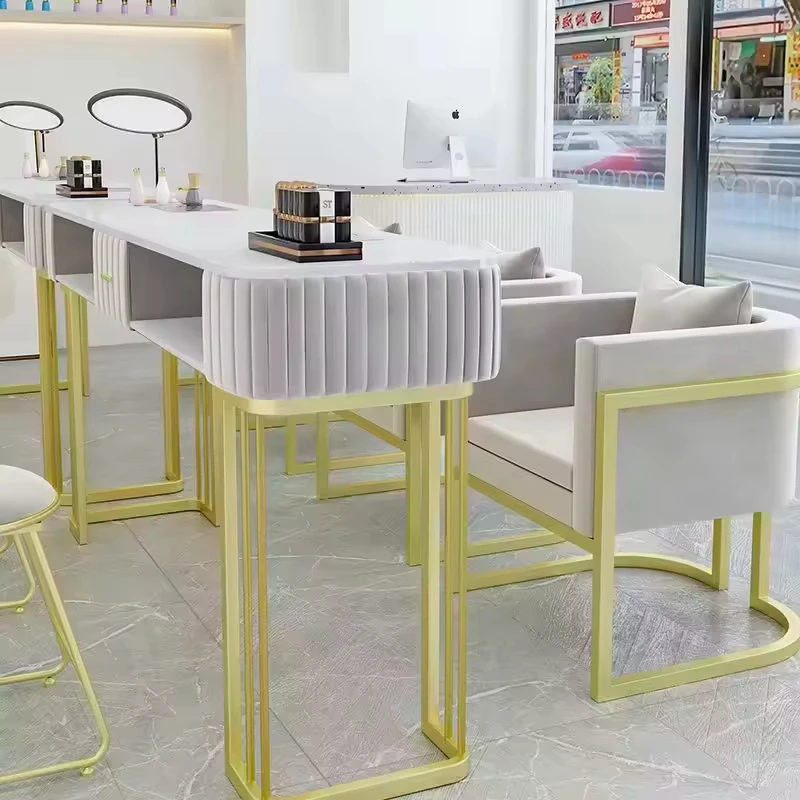 Luxury Nail Table with White Top and Pink Velvet Edge Sturdy Gold Metal Structure for Nail Salon