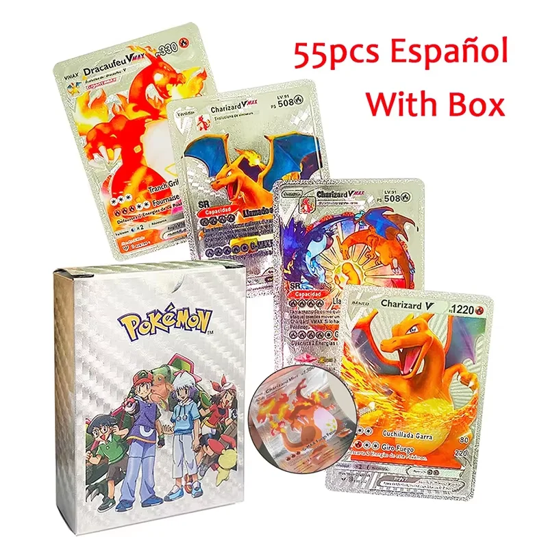 55 Stück Pokémon Goldfolienkarten Goldene Buchstaben Englisch Spanisch Spielkarten Charizard Vmax Gx Serie Charizard Bunte Pokémon Geschenk