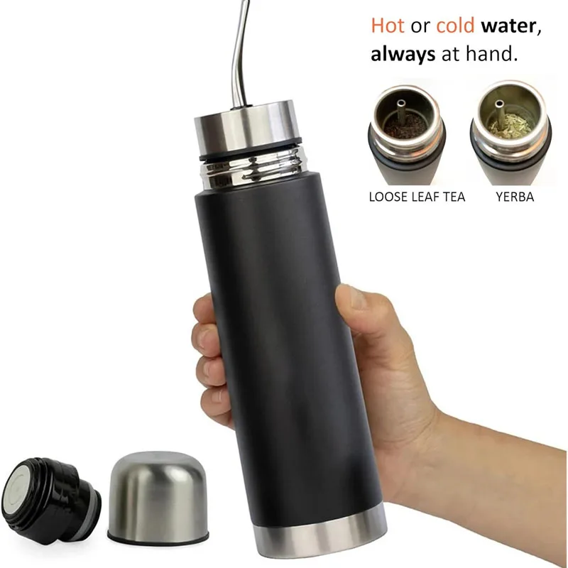 Botella de Mate 2 en 1 de Acero Inoxidable de 500/750 ml, Taza Térmica para Mate con Bombilla Integrada, Botella de Mate de Doble Pared