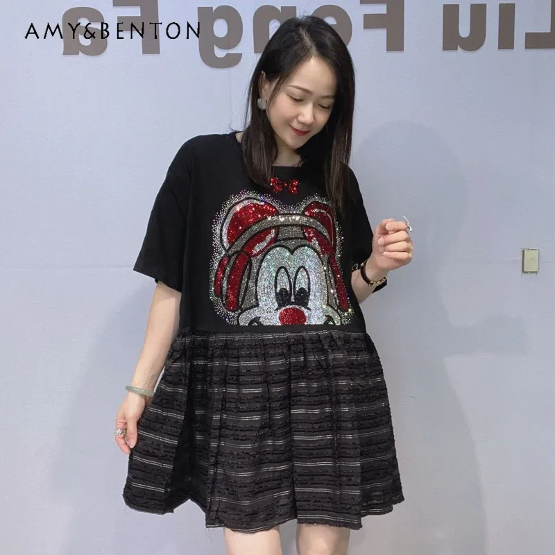 

Heavy Industry Diamond Drills Black Doll Shirt Short Sleeved T-shirt Women's Summer Loose Tops Round Neck Tshirts Pullover Shirt