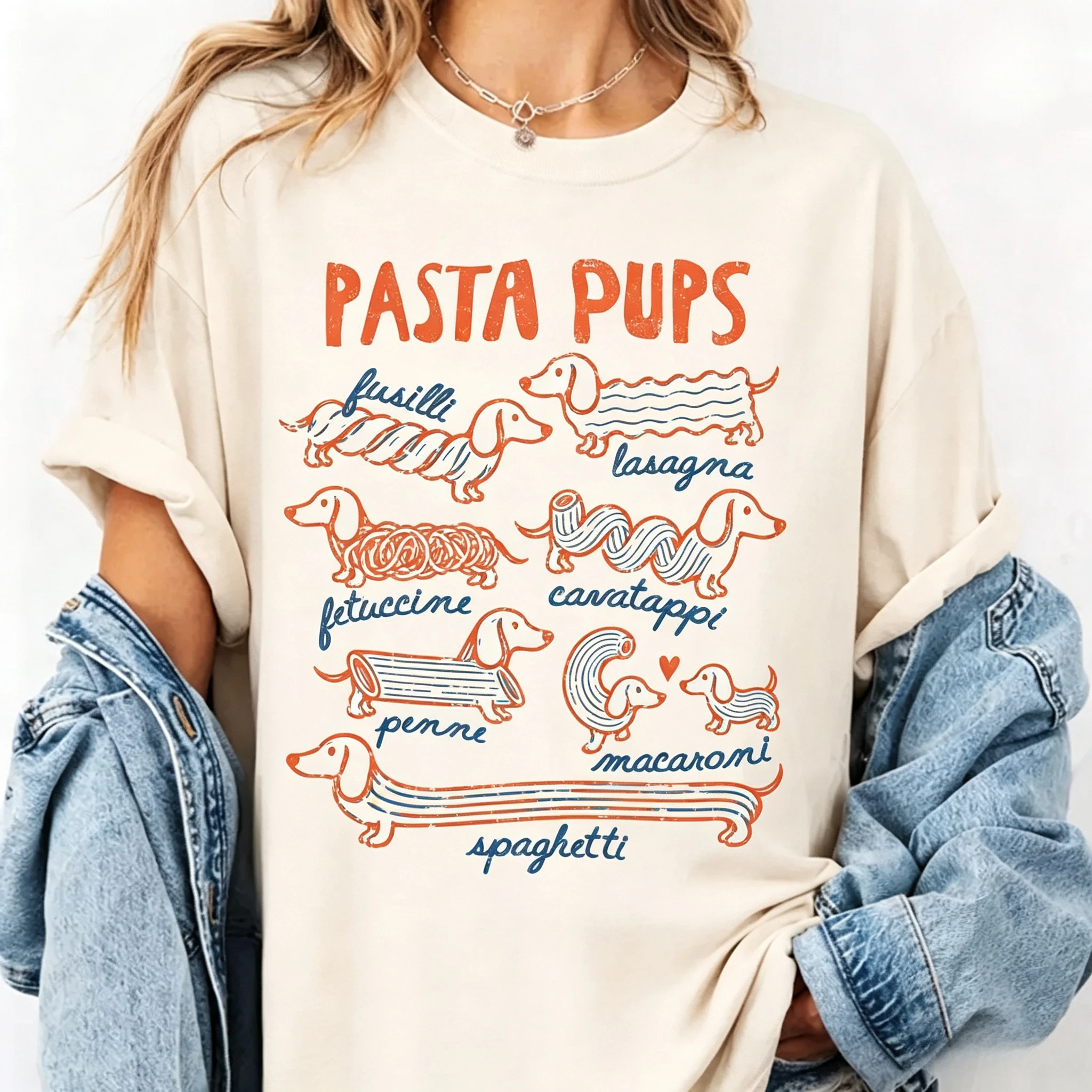 Pasta Pups Dachshund T Shirt Men Women Cute Wiener Dog Pasta Print Tee Retro Loose Casual Food Dog Lover Streetwear T-shirt
