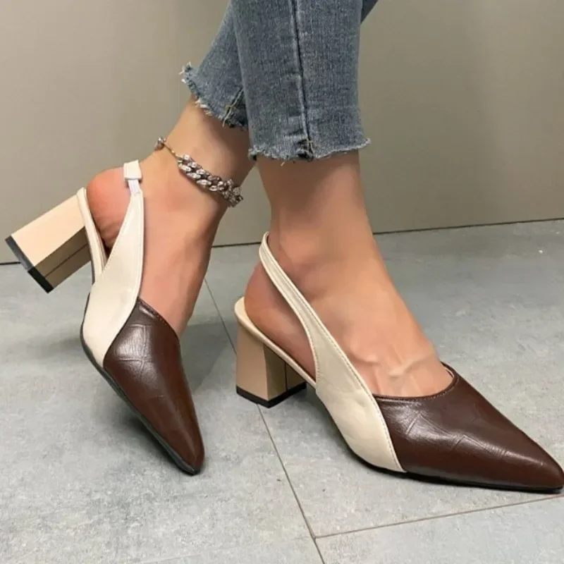

2025 New Hot Selling Summer Women's Pointed Toe High Heels Medium Thick Heel Sandals Summer New Women's Single Shoes Zapatos