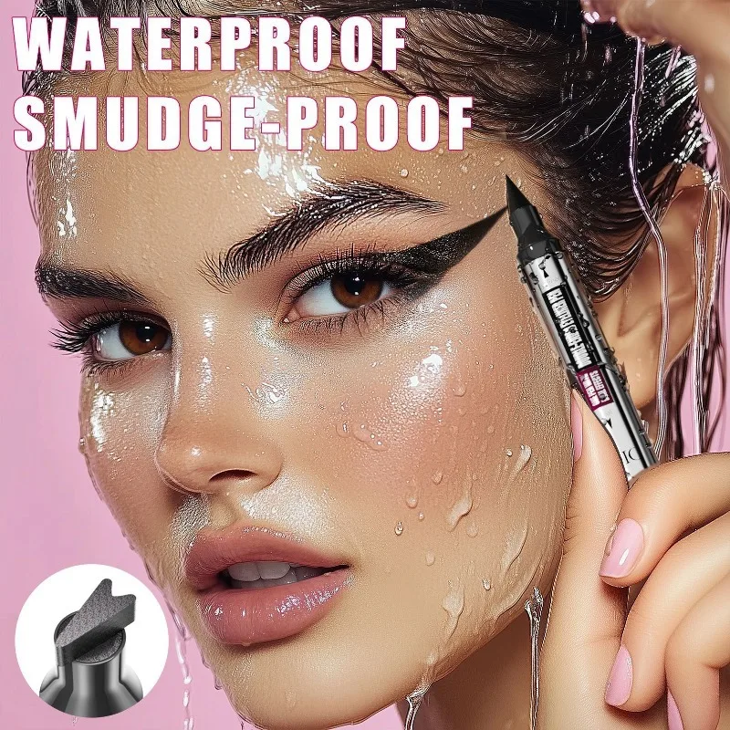 トライアングルスタンプウィングアイライナーペン、両端に細いペン先、防水、汚れ防止、簡単な対称キャットアイメイクアップ用 1 個