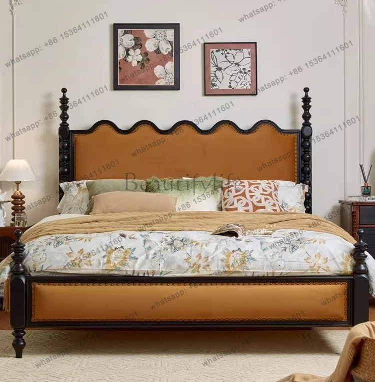 

Light French American retro style full solid wood bed red oak medieval double bed