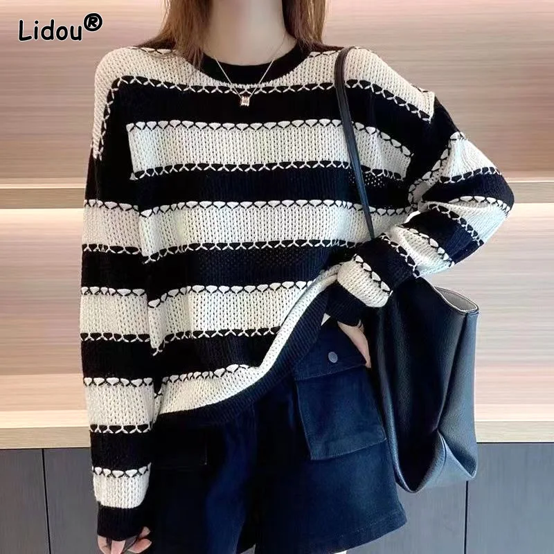 

Fashionable Lazy Style Loose Contrasting Colors Striped Pullovers O-Neck Korean Knitting Autumn Winter Thick Women's Clothing