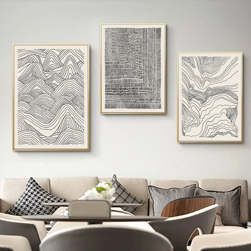 3PCS--Nordic Black and White Canvas Painting Abstract Lines Distant Mountains and Flowing Water Wall Art Picture for Living R