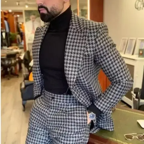 Houndstooth 남자 정장 피크 옷깃 2 조각 블레이저와 바지 남성 정장 세트 연회 결혼식을위한 빈티지 세련된 격자 무늬 정장