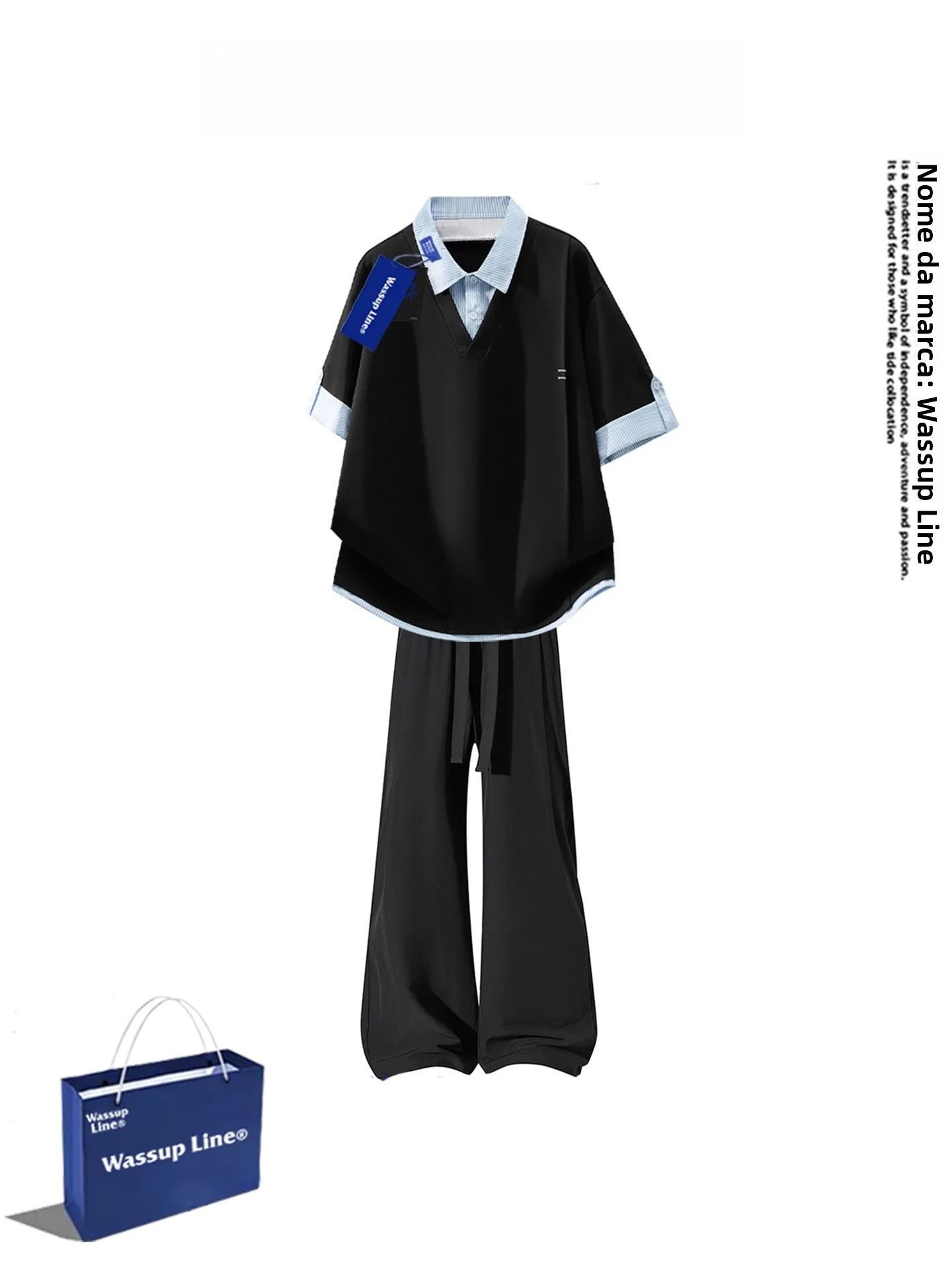 wassup-line-men's-summer-casual-short-sleeve-collared-t-shirt-and-long-pants-fashionable-two-piece-set-old-money-style