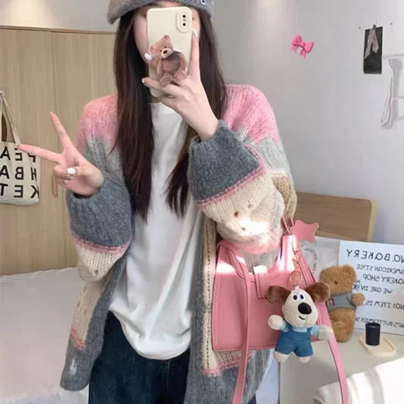 Knit Tops for Woman Cardigan Women\'s Sweater Striped Kawaii Cute Mesh Winter 2024 Aesthetic Korean Style Harajuku Fashion Modern