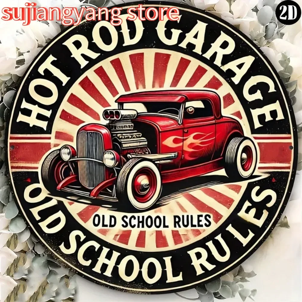 Hot Rod Garage Metallschild im Vintage-Stil – rund, hochwertig, Mechaniker-Design-Dekor – individuell, Festival-Statuendekorationen