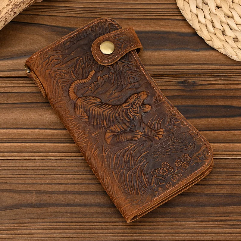 Newsbirds luxury brand designer men leather wallet 3D Tiger Dragon embossing cowhide men\'s wallet with iron chain high fashion