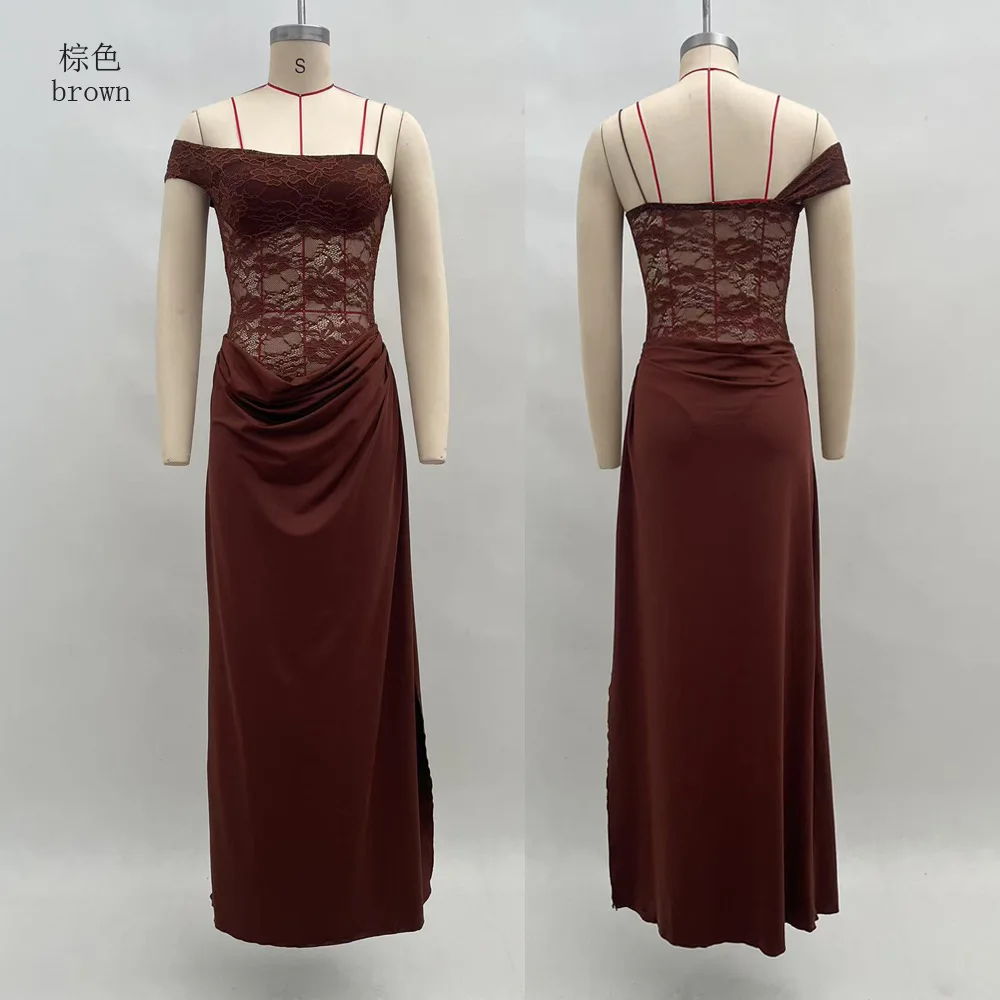 Vestido Maxi Cami Estilo Y2K Sexy com Renda, Patchwork, Casual, Moderno, Chic, Único, Elegante e Glamouroso para Mulheres