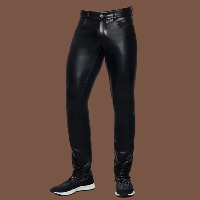 Matte Leather Motorcycle Pants Men Low Waist PU Stretch Tight Trousers Party Man Multi-Pocket Pants Custom New Nightclub Costume