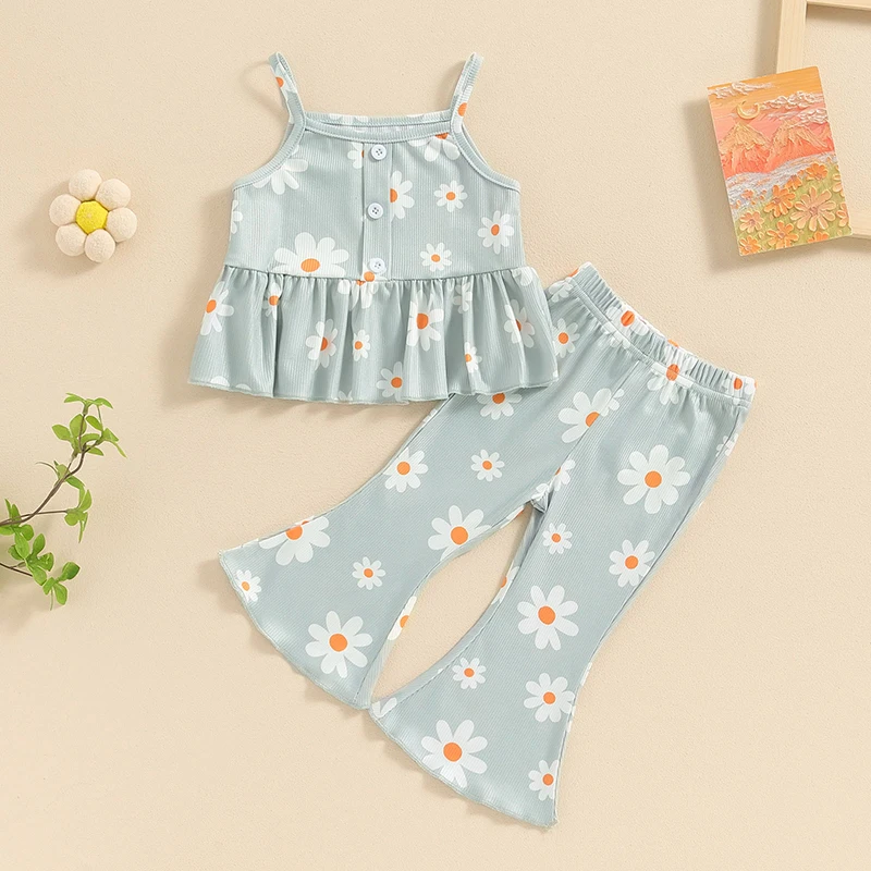 Baby Girl 2 Pieces Summer Outfits Sleeveless Floral Print Cami Tops + Flare Pants Set Toddler Clothes for 1 Years to 4 Years