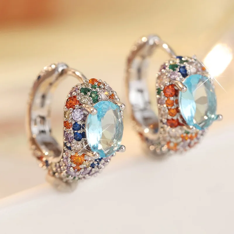 Ladies' Colorful Cubic Zircon Hoop Earrings Rainbow Surround Design Vacation Date Styling Earrings Fashion Jewelry Accessory