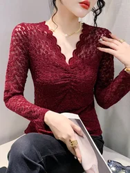 2024 Spring Autumn V Neck Long Sleeve T-shirt Women's Fashion Lace Slim Stretch T Shirts BH8813