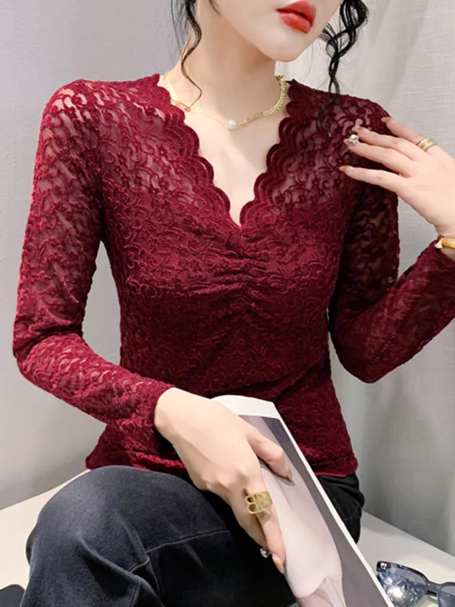 2024 Wiosna Jesień V Szyja Długi Rękaw T-shirt Damski Moda Koronkowe Slim Stretch T Shirty BH8813
