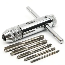 Adjustable Silver T-Handle Ratchet Tap Holder Wrench with 5pcs M3-M8 3mm-8mm Machine Screw Thread Metric Plug T-shaped Tap