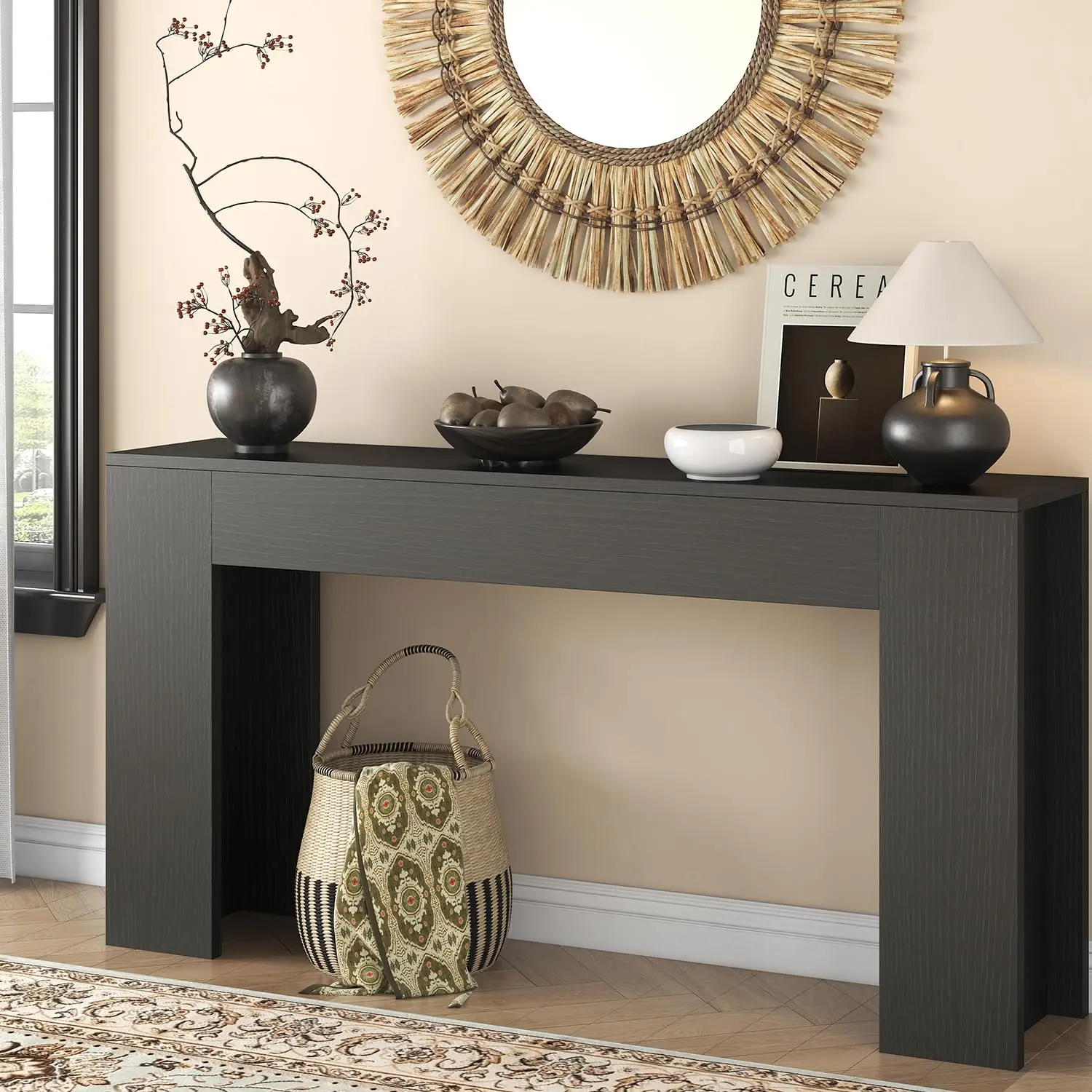 63-Inch Console Table With LED Light, Farmhouse Sofa Table Behind Couch For Entryway Hallway Living Room, Black, Customized