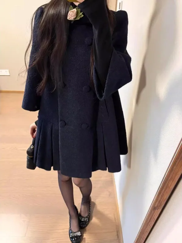 

Elegant Purple Hem Pleated Flower Detachable Pin Circle Woolen Coat Women's Casual Fashion Spring Autumn Winter Outerwear