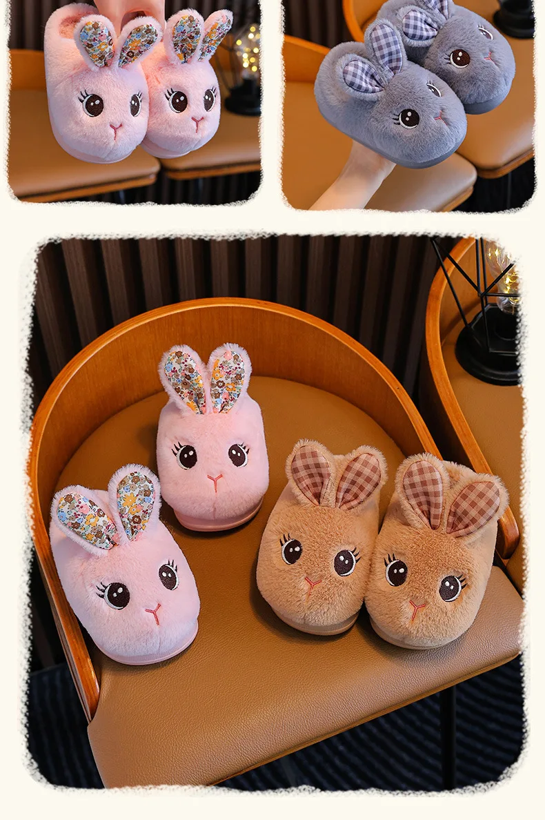 Kinderschuhe, Mädchen-Fellhausschuhe, rutschfeste, warme Hausschuhe, modische, farblich abgestimmte Baumwollhausschuhe, Hausschuhe für Herbst und Winter mit dicker Sohle. – Detail 13