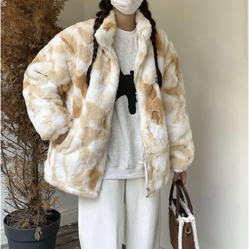 

2023 Oversized Tie-dyed Lamb Fashion Wool Jackets Woman Loose Cute Fashion Aesthetic Women's Warm Down Coat