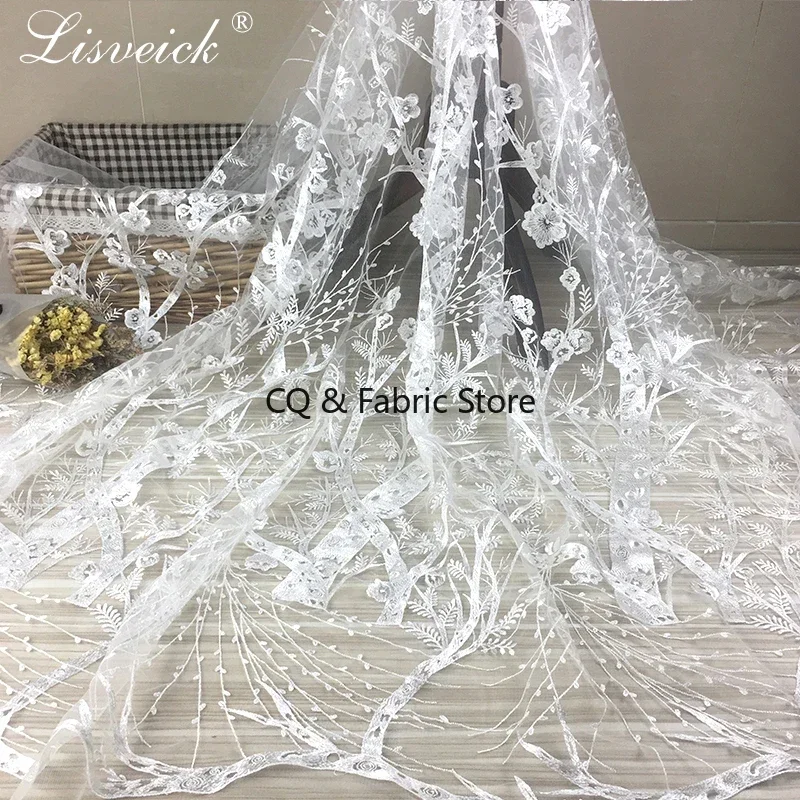 Mesh Embroidery Plum branch Blossom Branches Breathable White tulle Lace Fabrics For Clothing Wedding Dress，by the yard
