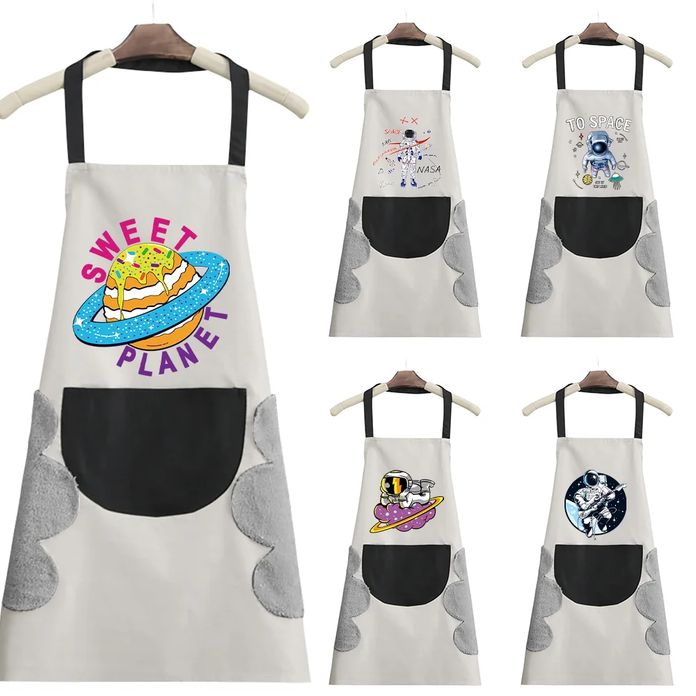 Kitchen Household Cooking Clothes Light and Thin with Pockets Can Wipe Hands Apron Universal Sleeveless Apron Astronaut Series