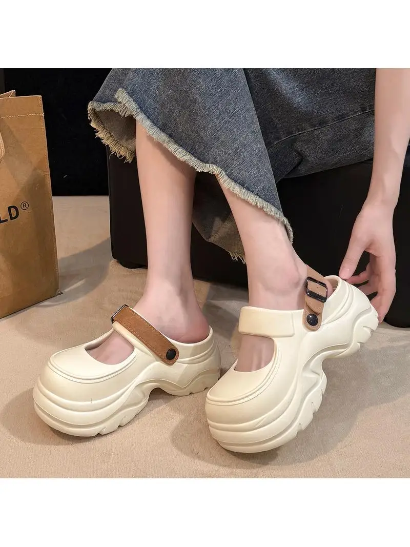 Mary Jane Clog Shoes Women's 2025 New Sandals Beach Thick Bottom Heightening Head Half Slippers Summer Outdoor Wear