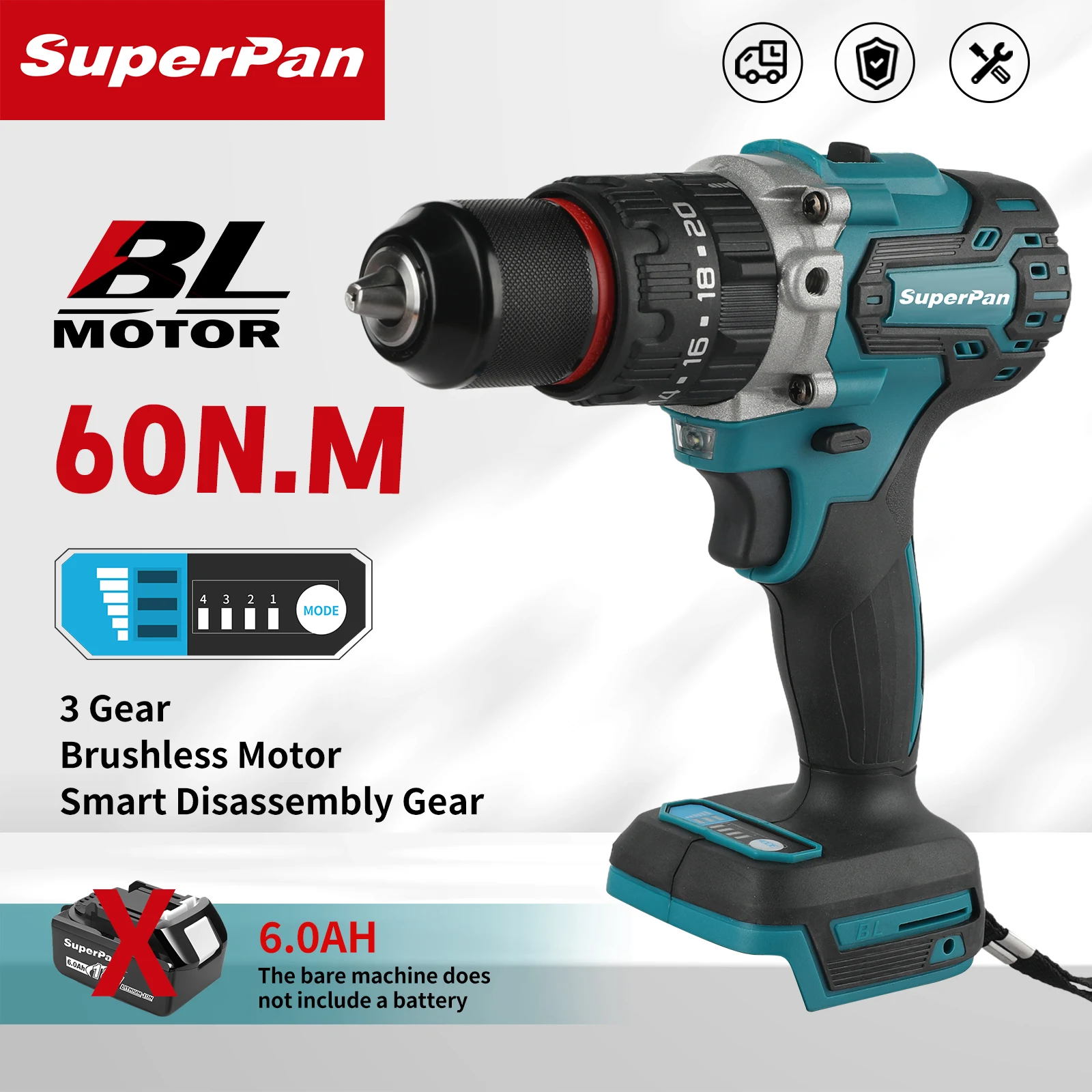 

SUPERPAN Brushless Motor 487- 13mm Chunk Electric Impact Drill Cordless Rechargeable Power Tools For makita 18V Battery specs