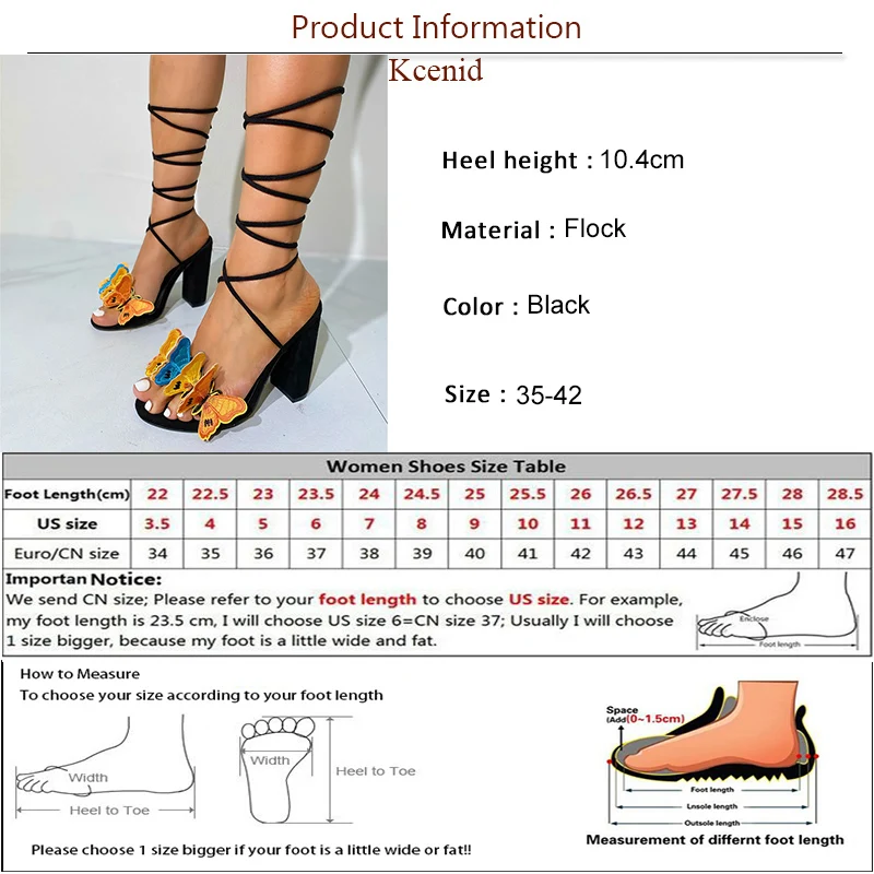 Kcenid Women's Summer Cross Strap Sandals Handmade Embroidery Butterfly Open Toe Elegant Chunky High Heels Pumps Black Size 42