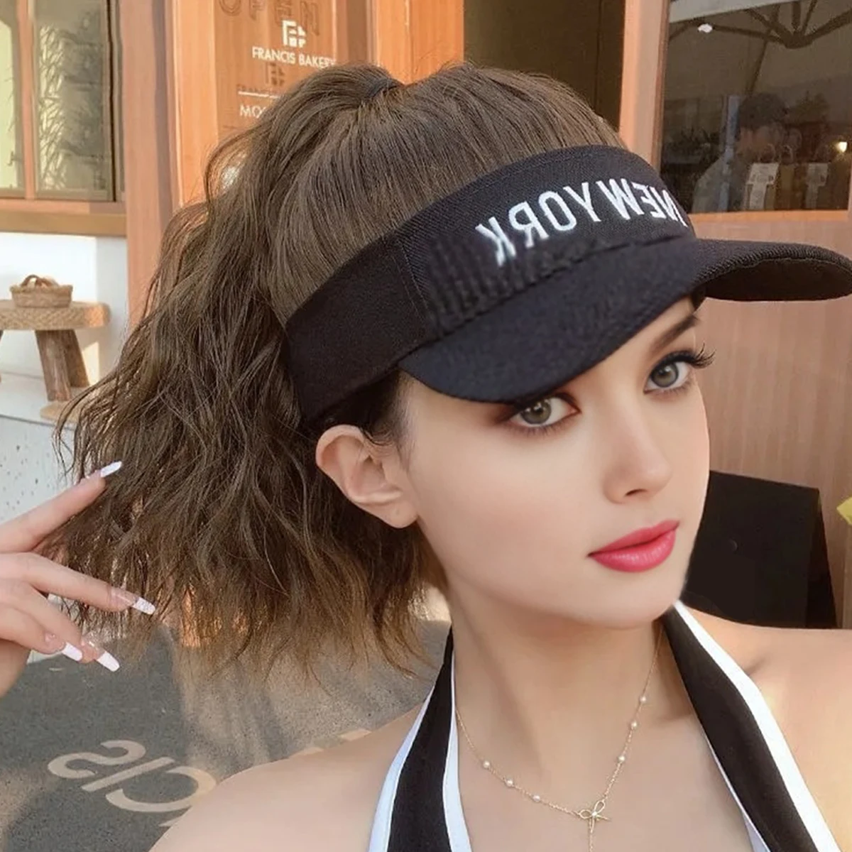 Synthetic Adjustable Cap Wig Hair Extension Black Curly Ponytail Cheap Wigs On Sale Clearance Woman Hat For The Sun Sporty